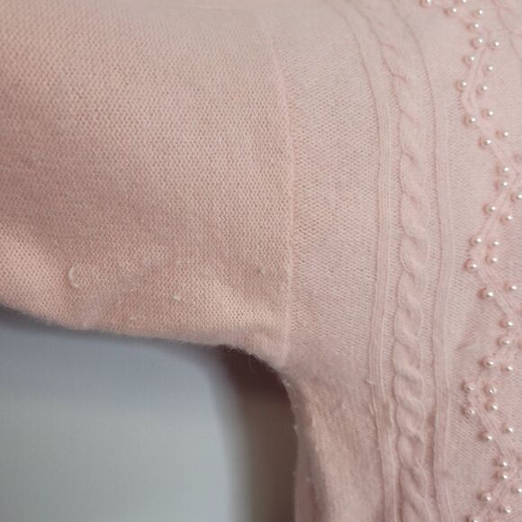 VINTAGE 90s sweater pink mock neck pearl beaded cable knit angora XL - Picture 6 of 11